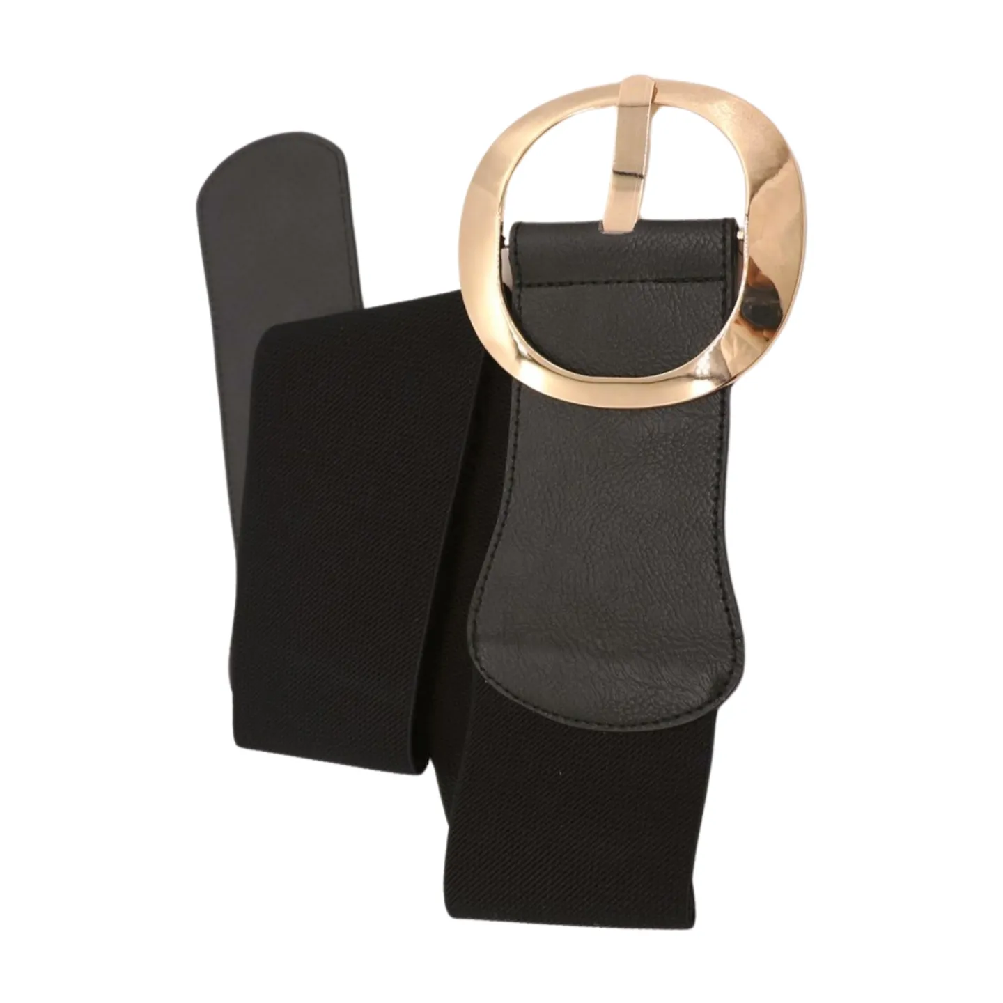 New Women Black Wide Faux Leather Fashion Elastic Waistband Belt Gold Round Buckle XS S