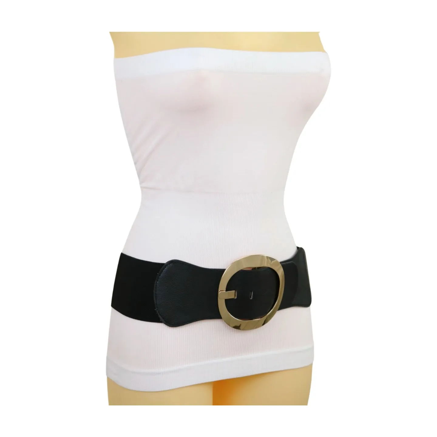 New Women Black Wide Faux Leather Fashion Elastic Waistband Belt Gold Round Buckle XS S