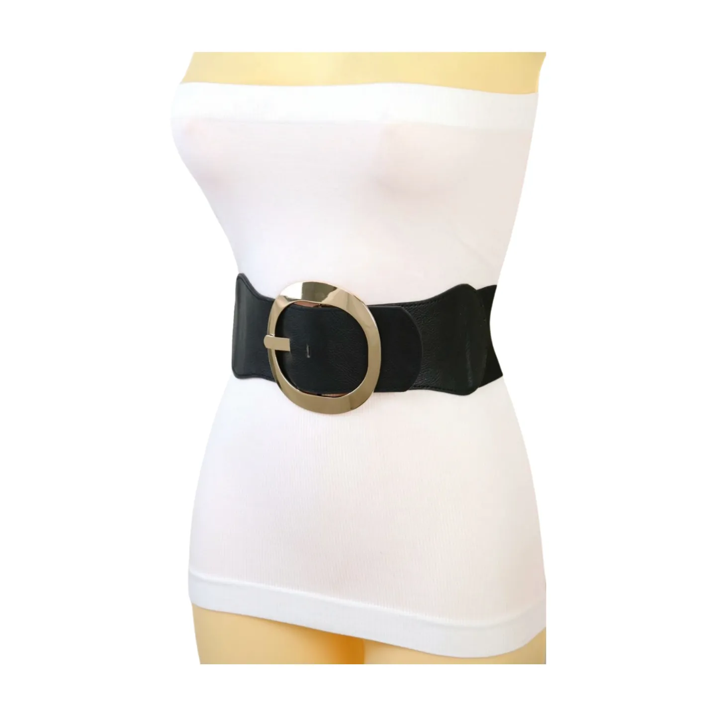 New Women Black Wide Faux Leather Fashion Elastic Waistband Belt Gold Round Buckle XS S