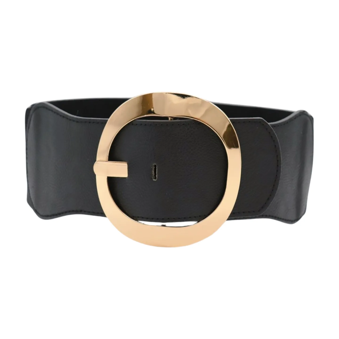 New Women Black Wide Faux Leather Fashion Elastic Waistband Belt Gold Round Buckle XS S