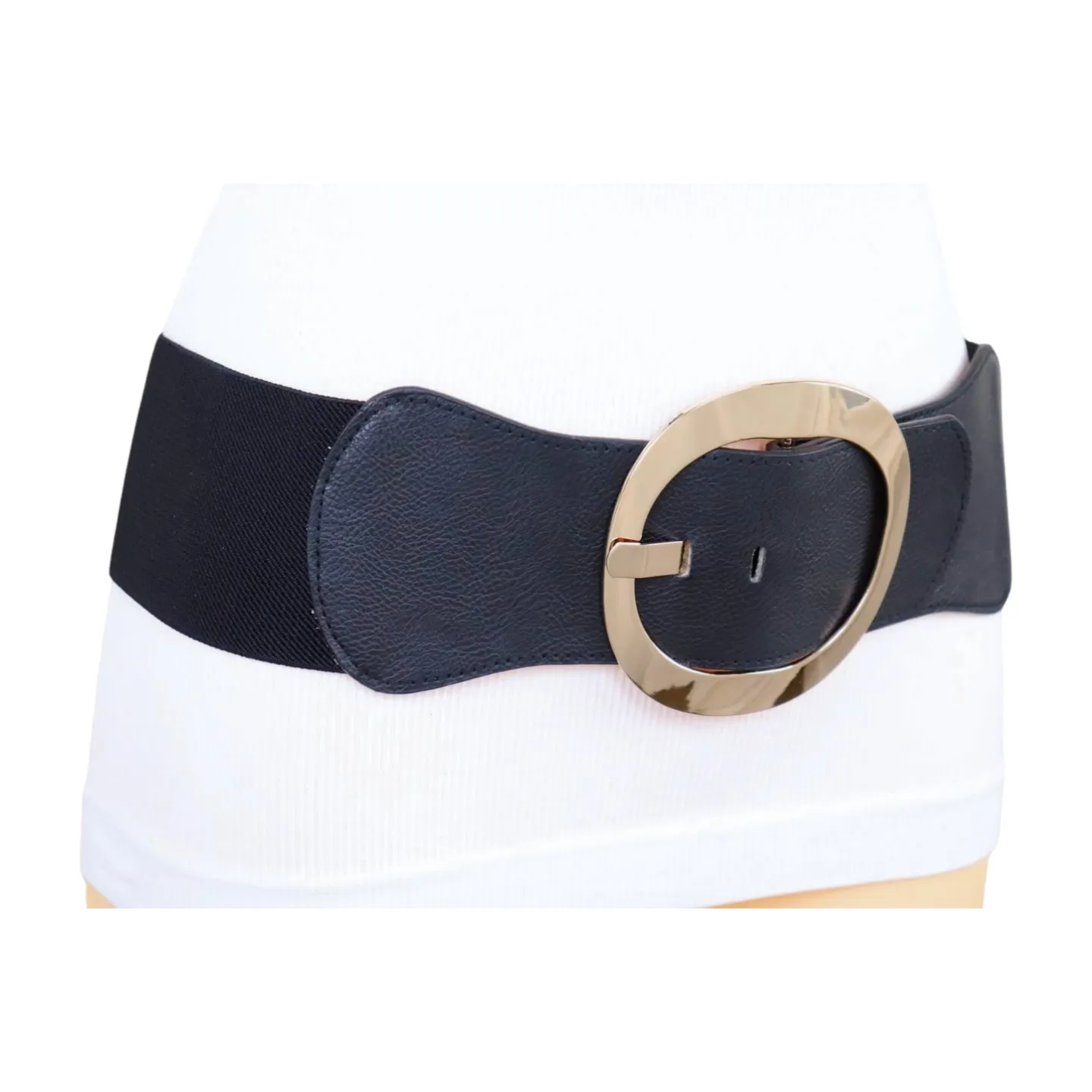 New Women Black Wide Faux Leather Fashion Elastic Waistband Belt Gold Round Buckle XS S