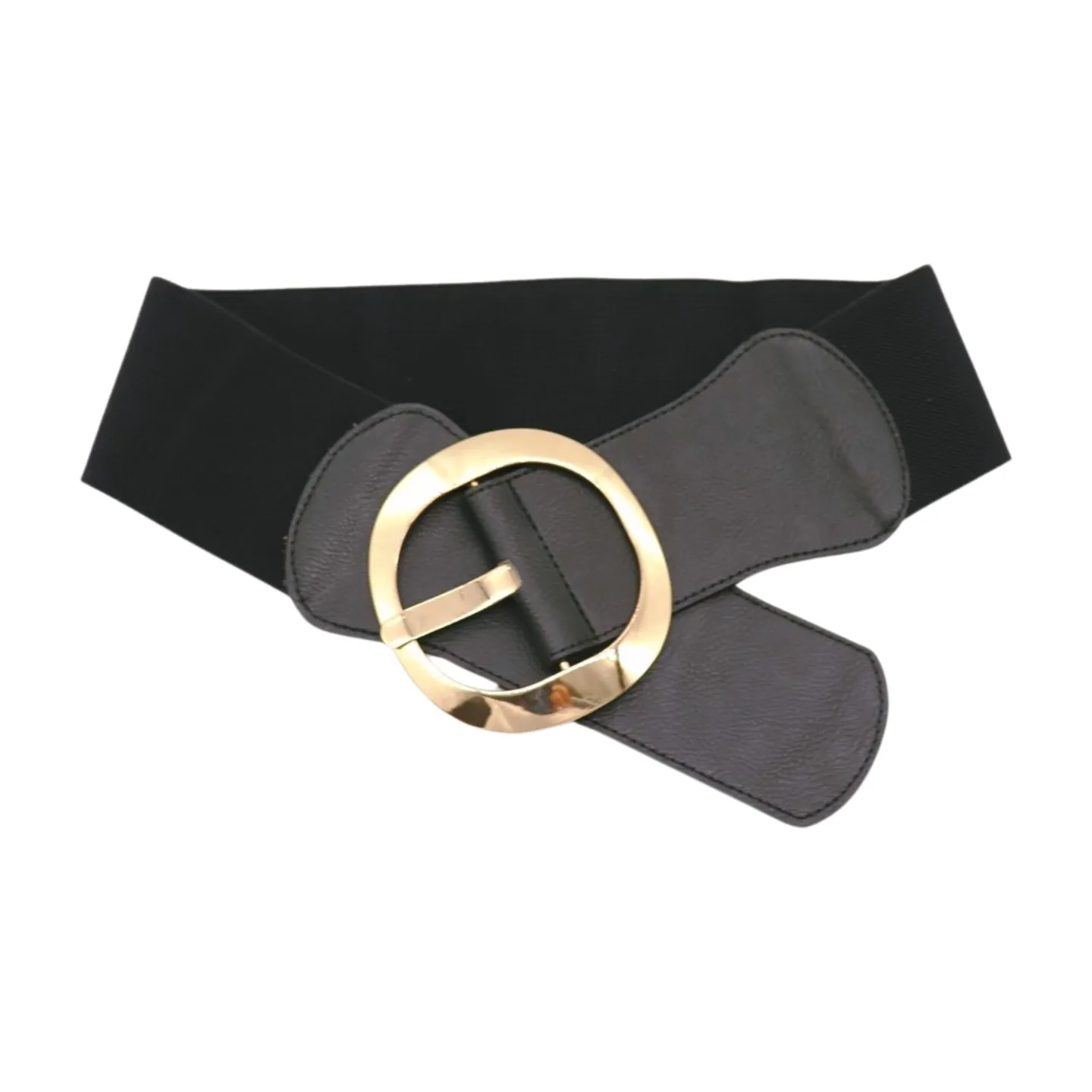 New Women Black Wide Faux Leather Fashion Elastic Waistband Belt Gold Round Buckle XS S
