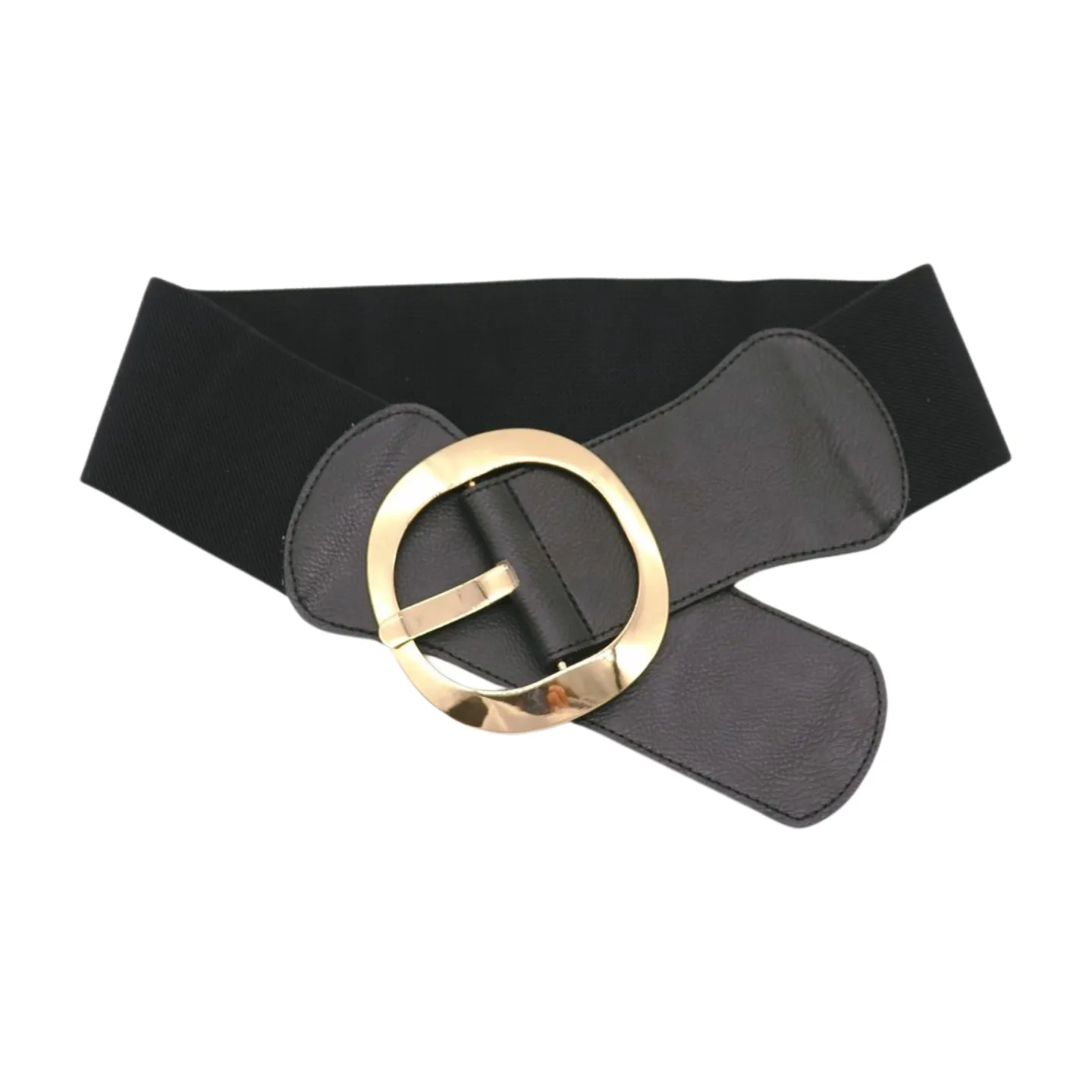 New Women Black Wide Faux Leather Fashion Elastic Waistband Belt Gold Round Buckle XS S