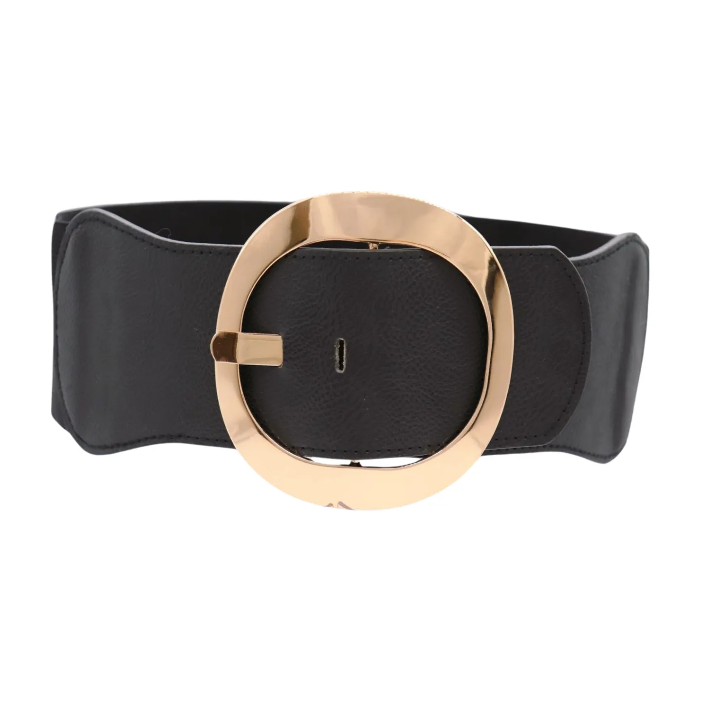 New Women Black Wide Faux Leather Fashion Elastic Waistband Belt Gold Round Buckle XS S