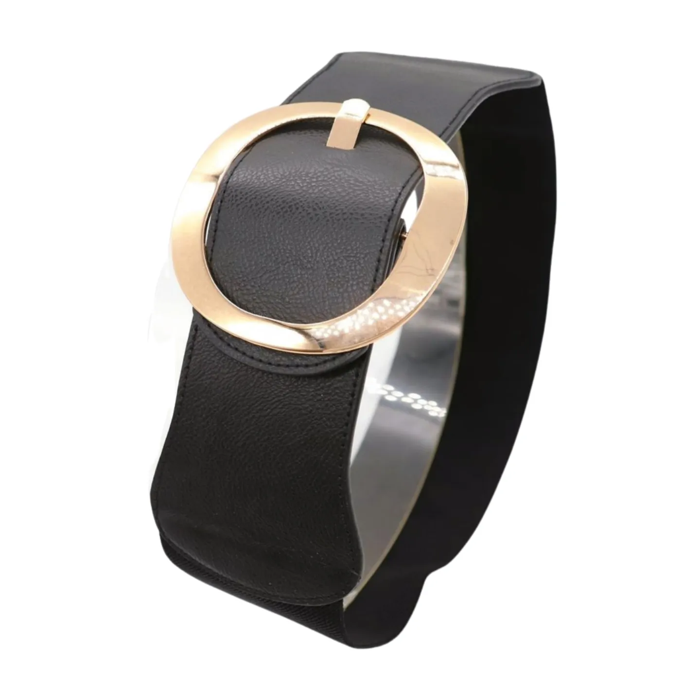 New Women Black Wide Faux Leather Fashion Elastic Waistband Belt Gold Round Buckle XS S