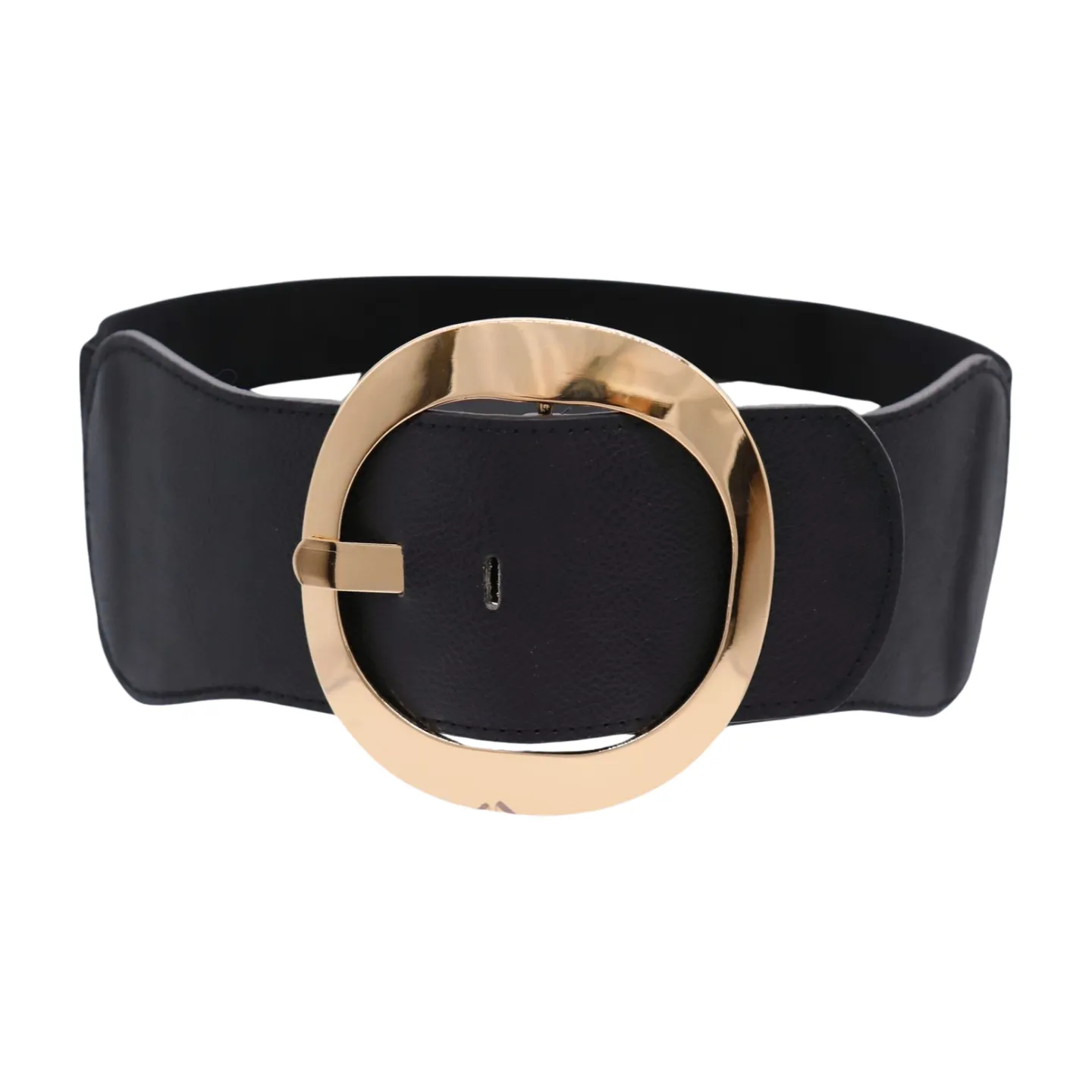 New Women Black Wide Faux Leather Fashion Elastic Waistband Belt Gold Round Buckle XS S