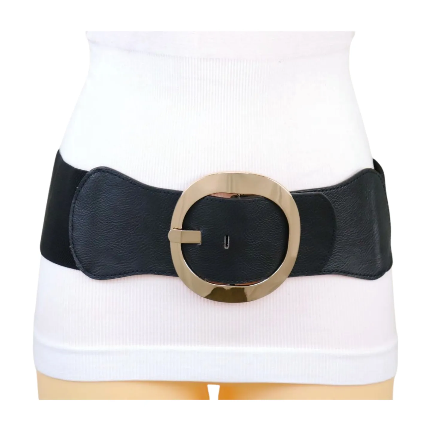 New Women Black Wide Faux Leather Fashion Elastic Waistband Belt Gold Round Buckle XS S