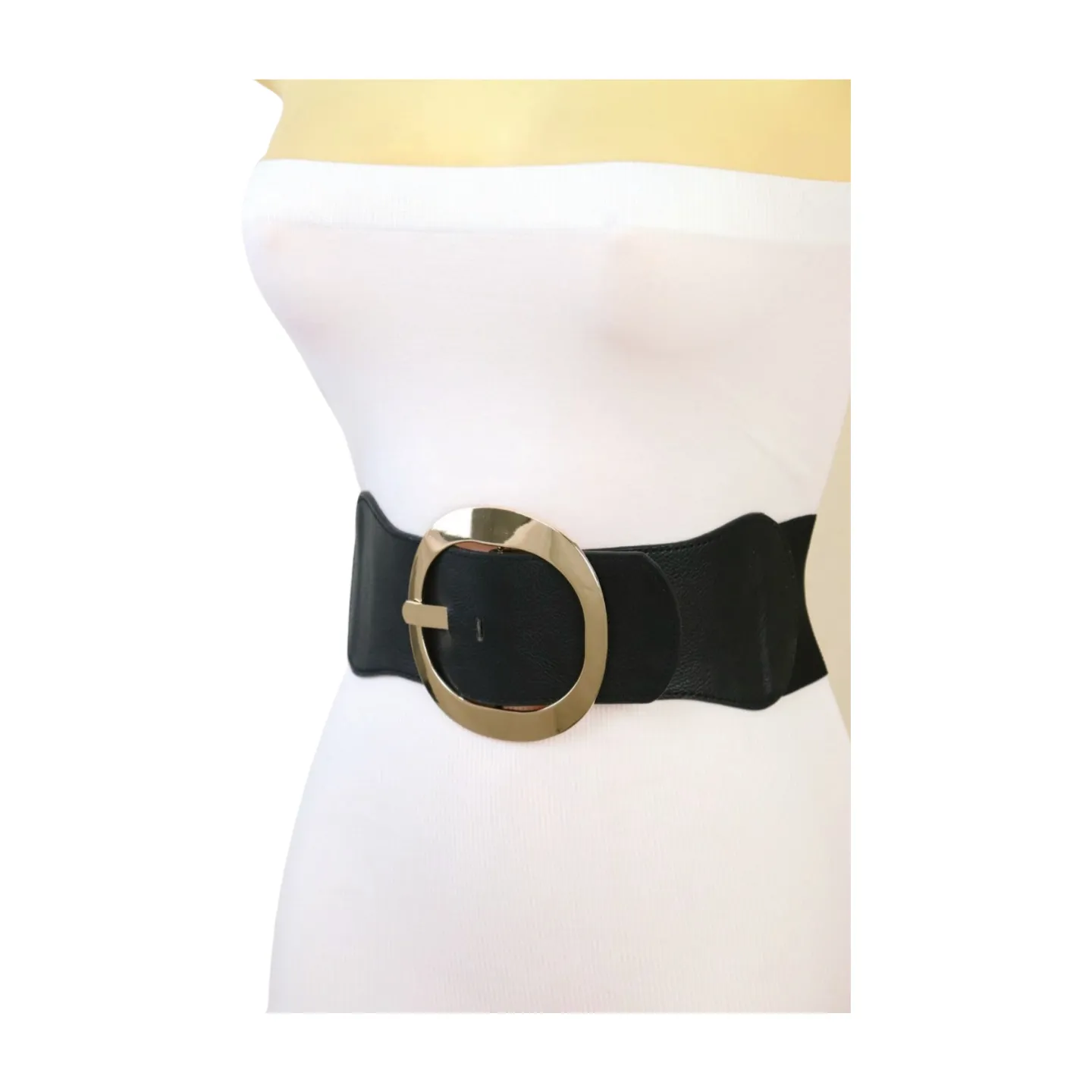 New Women Black Wide Faux Leather Fashion Elastic Waistband Belt Gold Round Buckle XS S