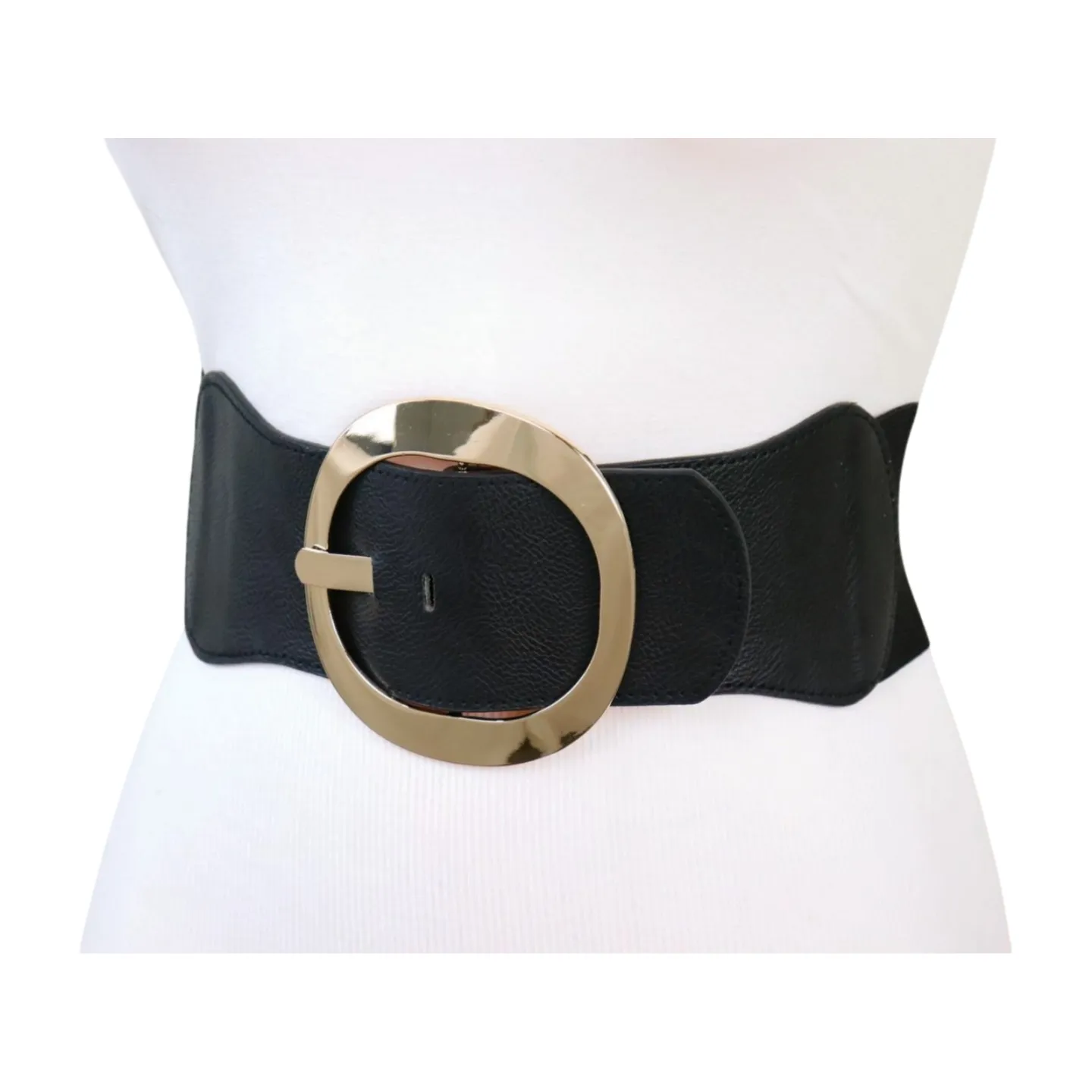New Women Black Wide Faux Leather Fashion Elastic Waistband Belt Gold Round Buckle XS S