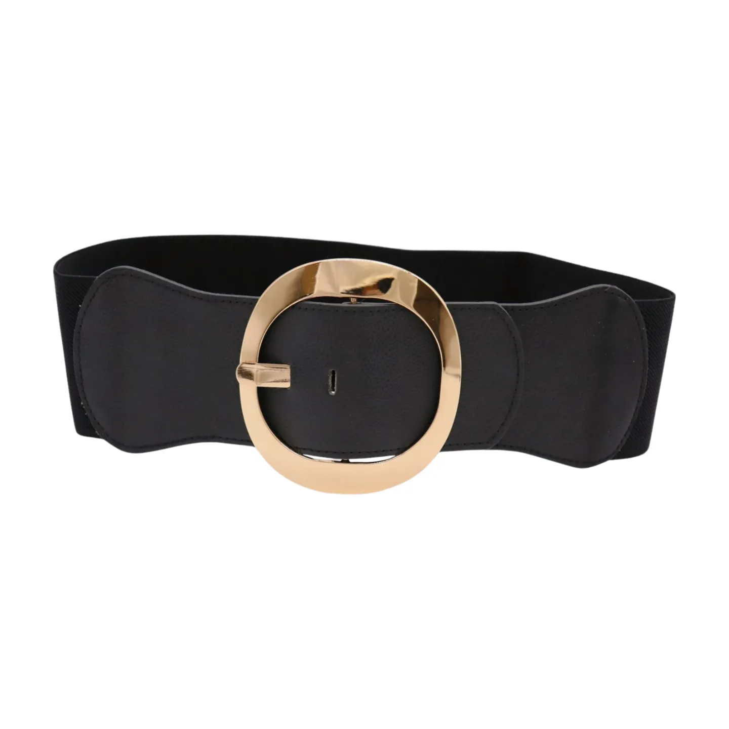 New Women Black Wide Faux Leather Fashion Elastic Waistband Belt Gold Round Buckle XS S