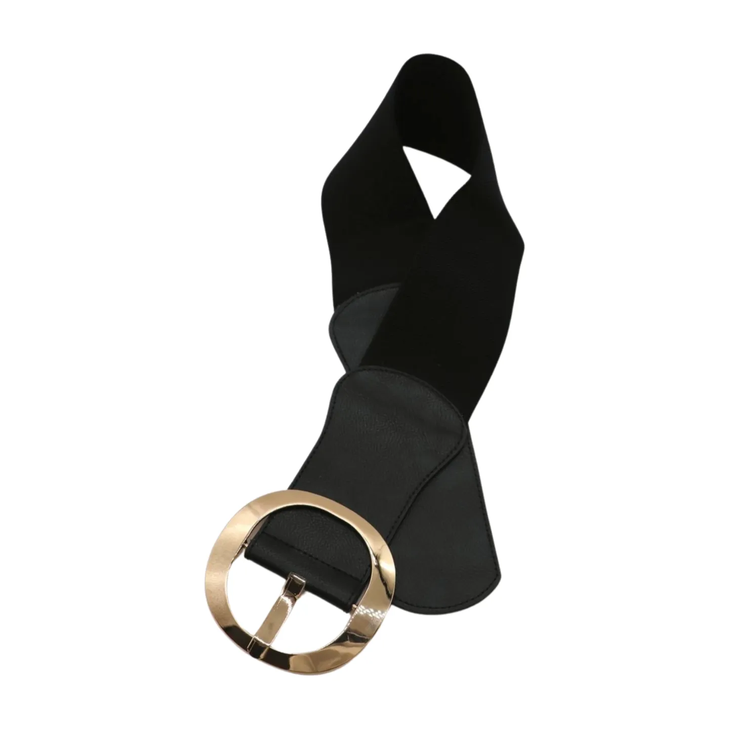 New Women Black Wide Faux Leather Fashion Elastic Waistband Belt Gold Round Buckle XS S
