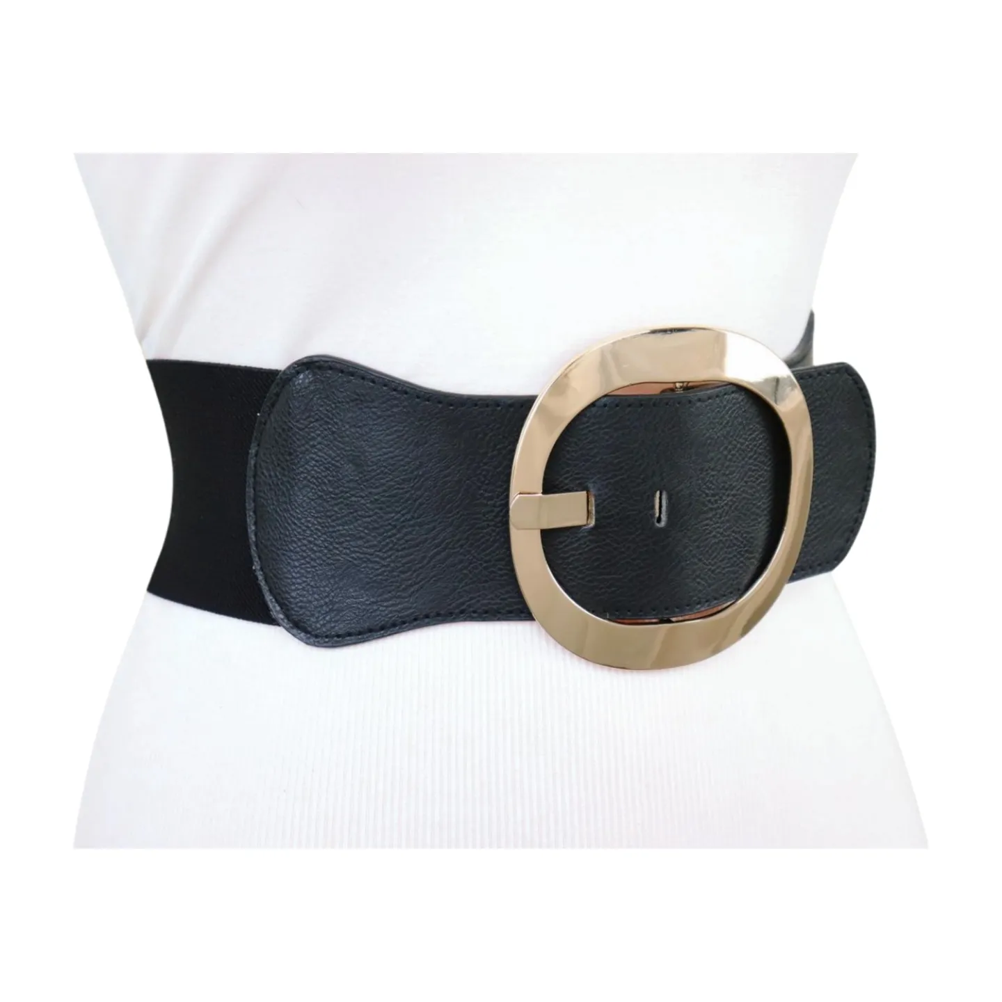 New Women Black Wide Faux Leather Fashion Elastic Waistband Belt Gold Round Buckle XS S