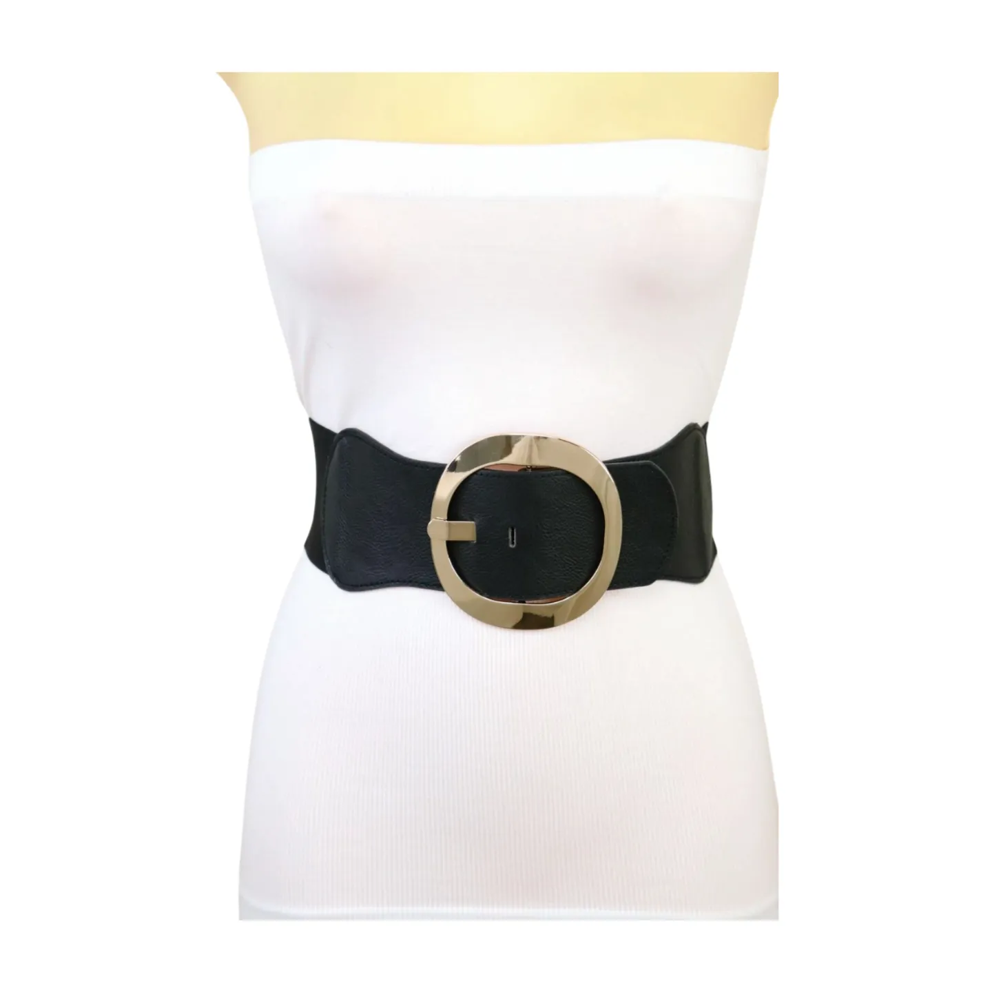 New Women Black Wide Faux Leather Fashion Elastic Waistband Belt Gold Round Buckle XS S