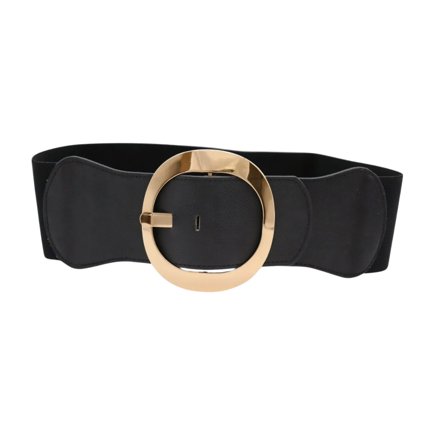 New Women Black Wide Faux Leather Fashion Elastic Waistband Belt Gold Round Buckle XS S