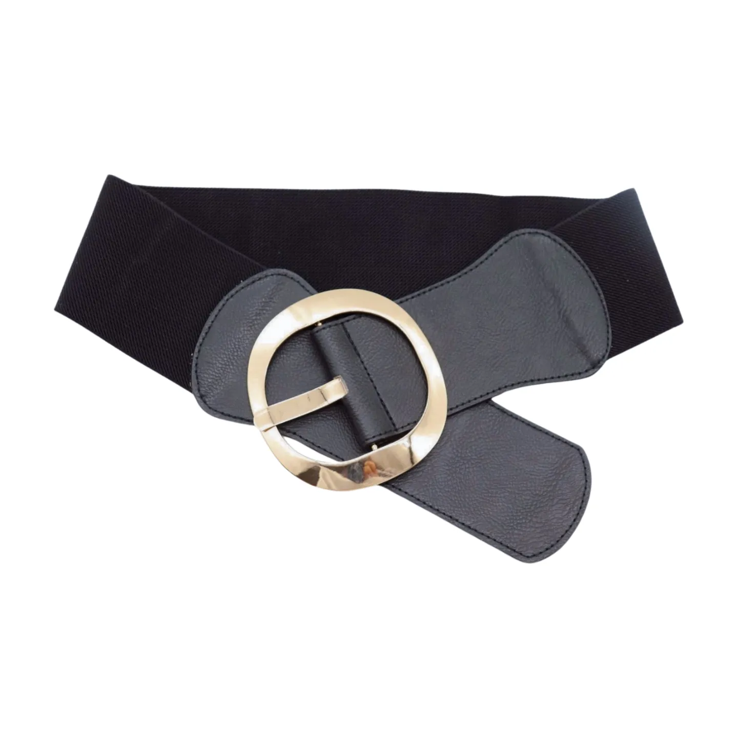 New Women Black Wide Faux Leather Fashion Elastic Waistband Belt Gold Round Buckle XS S