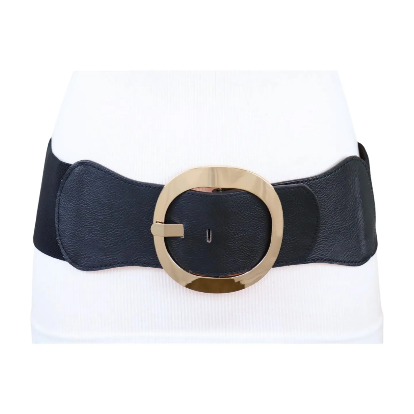 New Women Black Wide Faux Leather Fashion Elastic Waistband Belt Gold Round Buckle XS S
