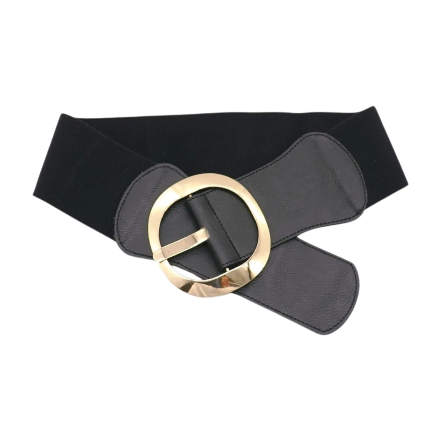 New Women Black Wide Faux Leather Fashion Elastic Waistband Belt Gold Round Buckle XS S