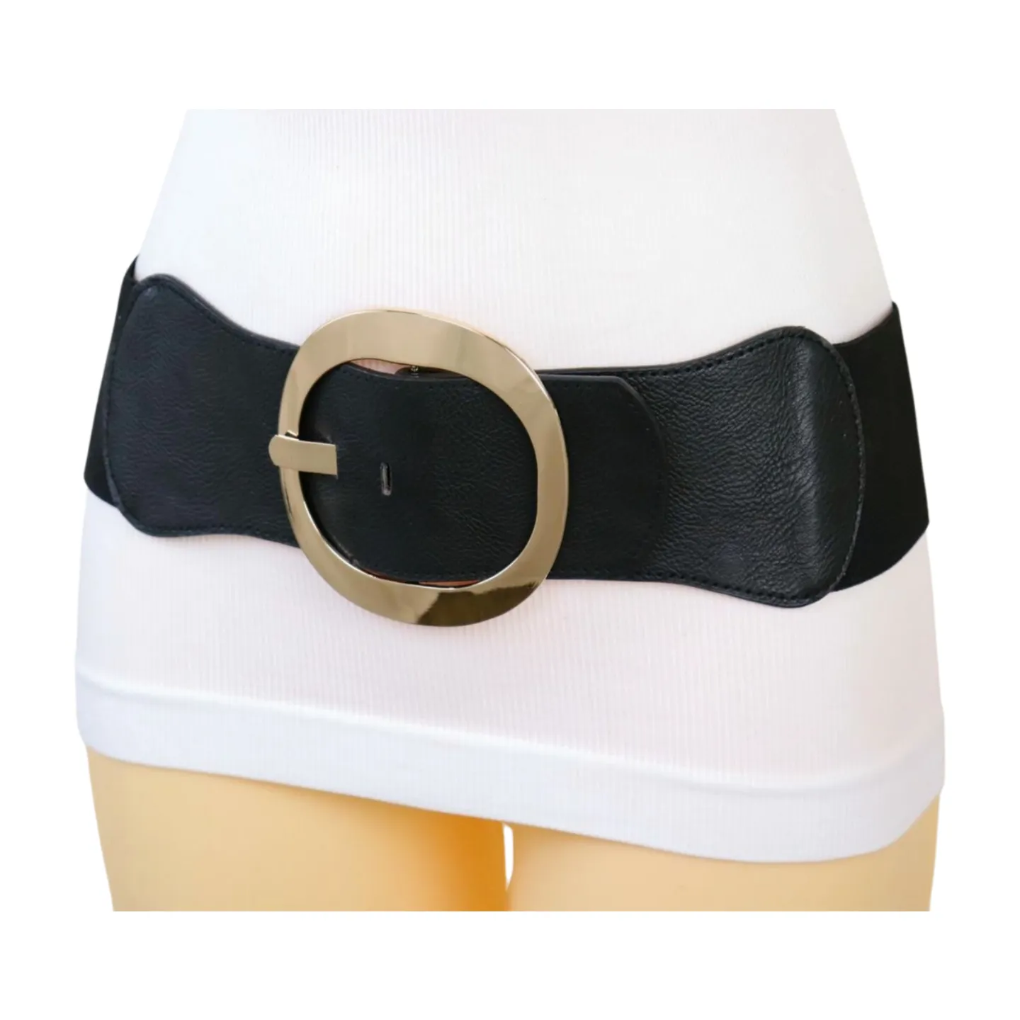 New Women Black Wide Faux Leather Fashion Elastic Waistband Belt Gold Round Buckle XS S