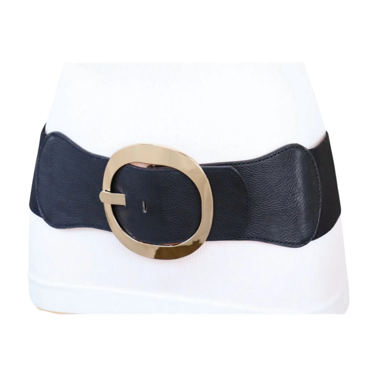 New Women Black Wide Faux Leather Fashion Elastic Waistband Belt Gold Round Buckle XS S