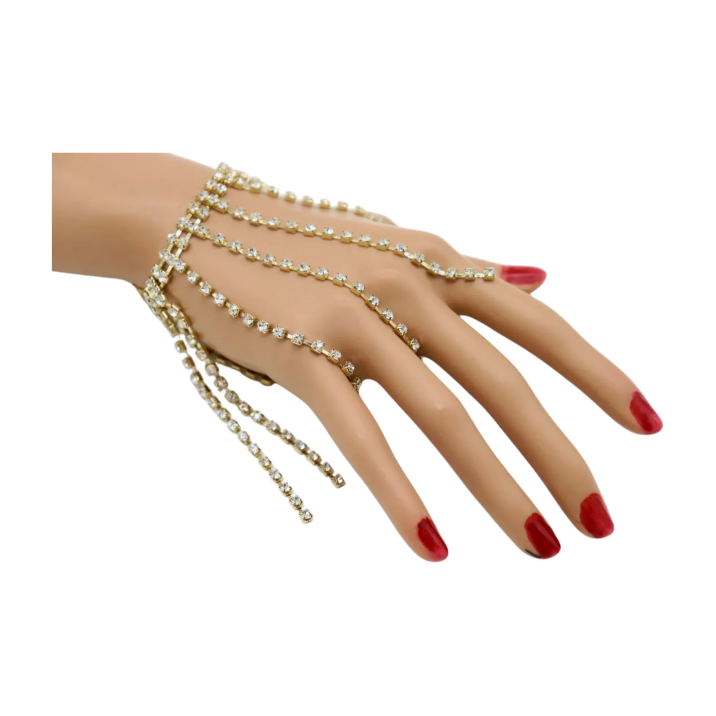 New Women Gold Metal Chain Bracelet Silver Rhinestones Long Tassels