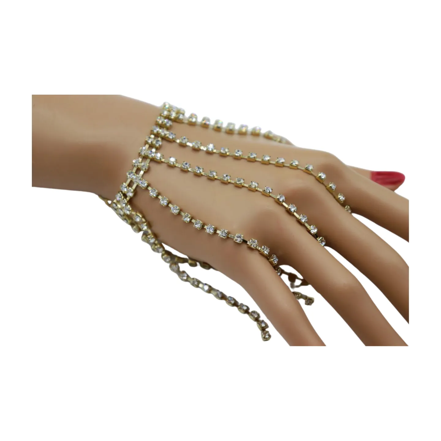 New Women Gold Metal Chain Bracelet Silver Rhinestones Long Tassels