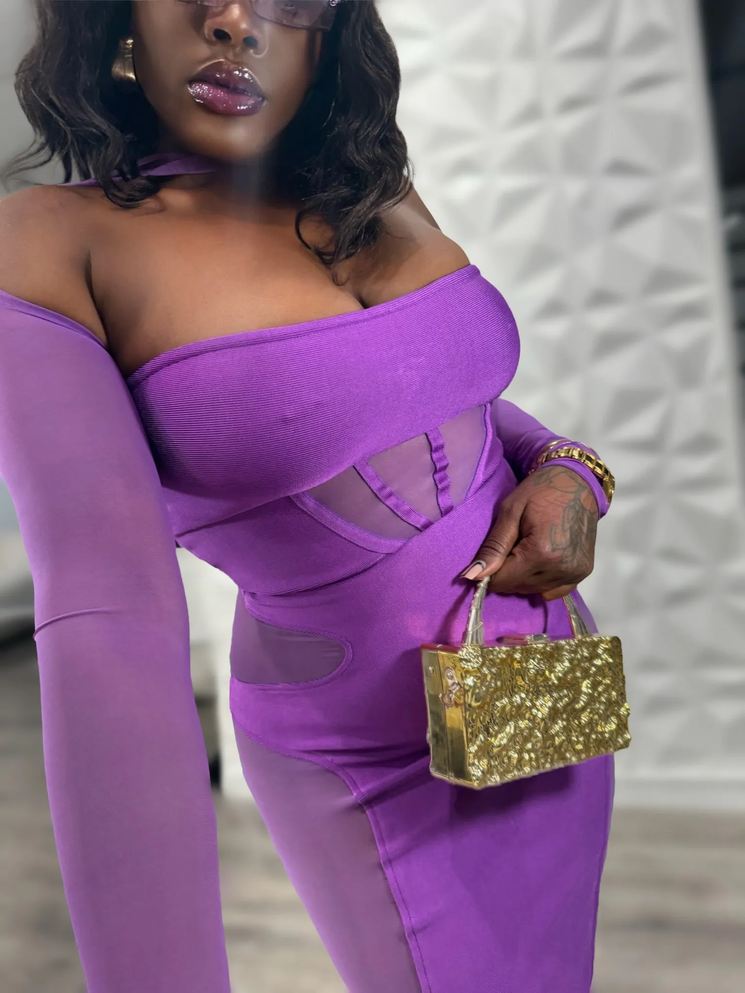 Nuruji Long Sleeve Mesh Dress x Violet