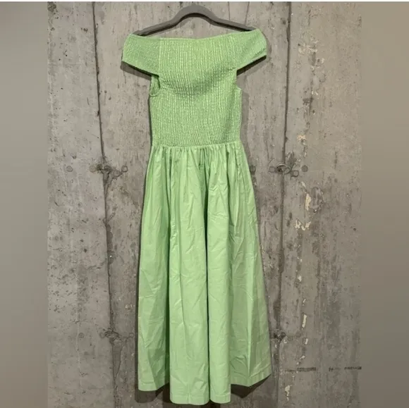 NWT Free People Cici Smocked Midi Dress PocketOff Shoulder In Lime Green 💚 XS*
