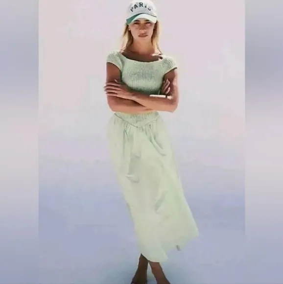 NWT Free People Cici Smocked Midi Dress PocketOff Shoulder In Lime Green 💚 XS*