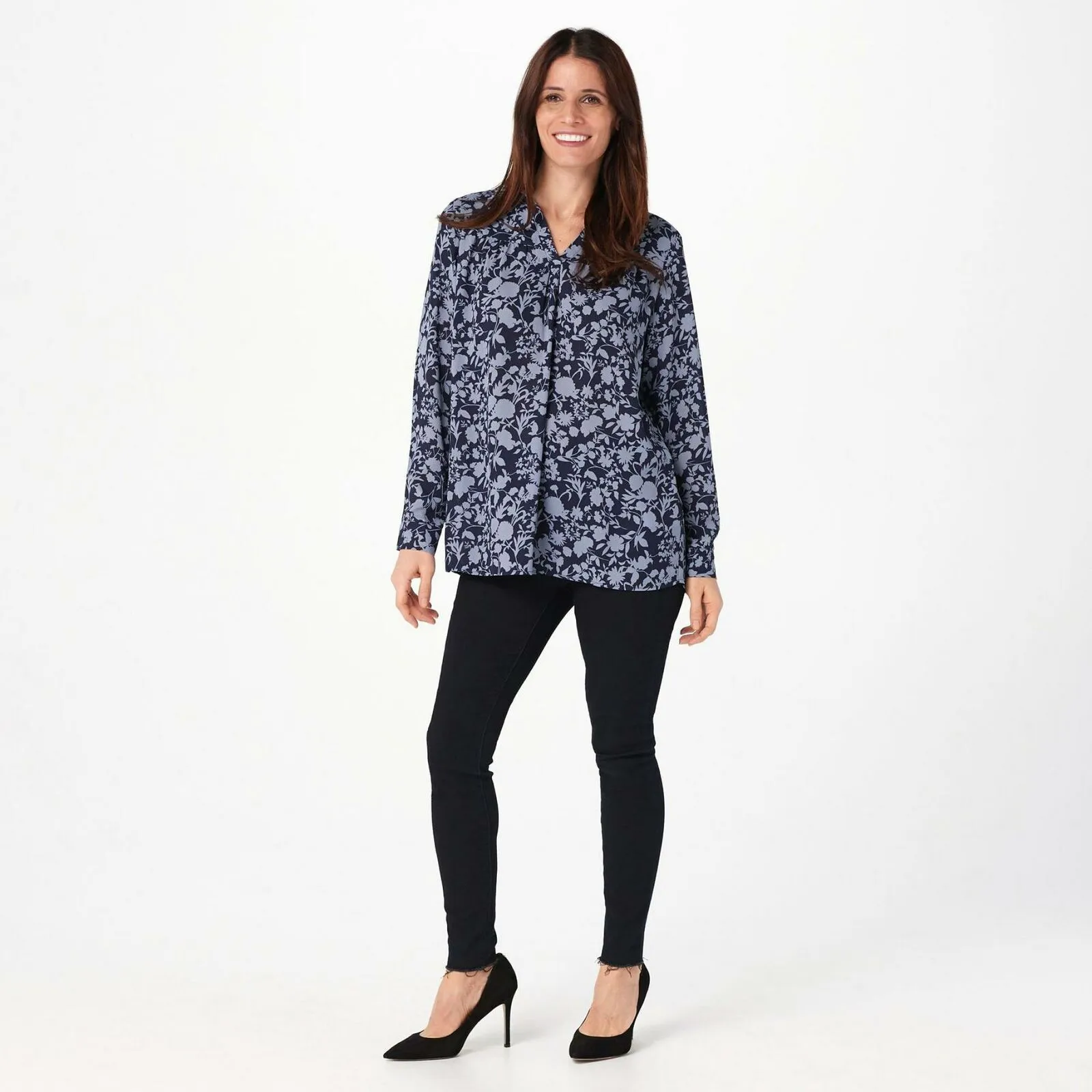 NWT Susan Graver Women's Printed Woven Long-Sleeve Pullover Top Small