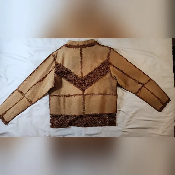 NWT Women's Tan and Brown Suede &amp; Crochet Trim Jacket / Cardigan - Sz M