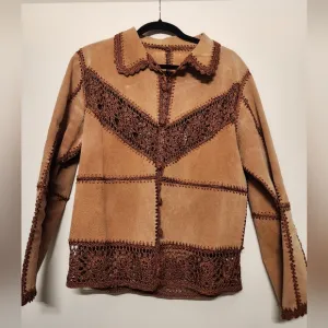 NWT Women's Tan and Brown Suede &amp; Crochet Trim Jacket / Cardigan - Sz M
