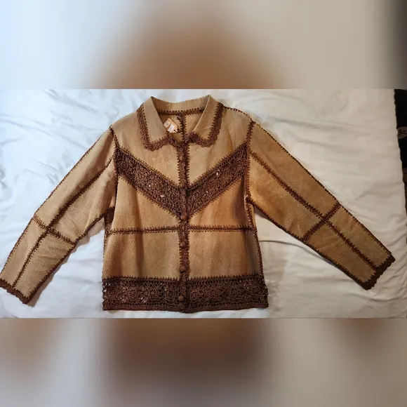 NWT Women's Tan and Brown Suede &amp; Crochet Trim Jacket / Cardigan - Sz M