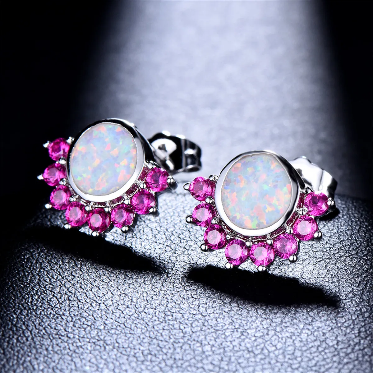 Opal & Rose Cubic Zirconia Round Trim Stud Earrings