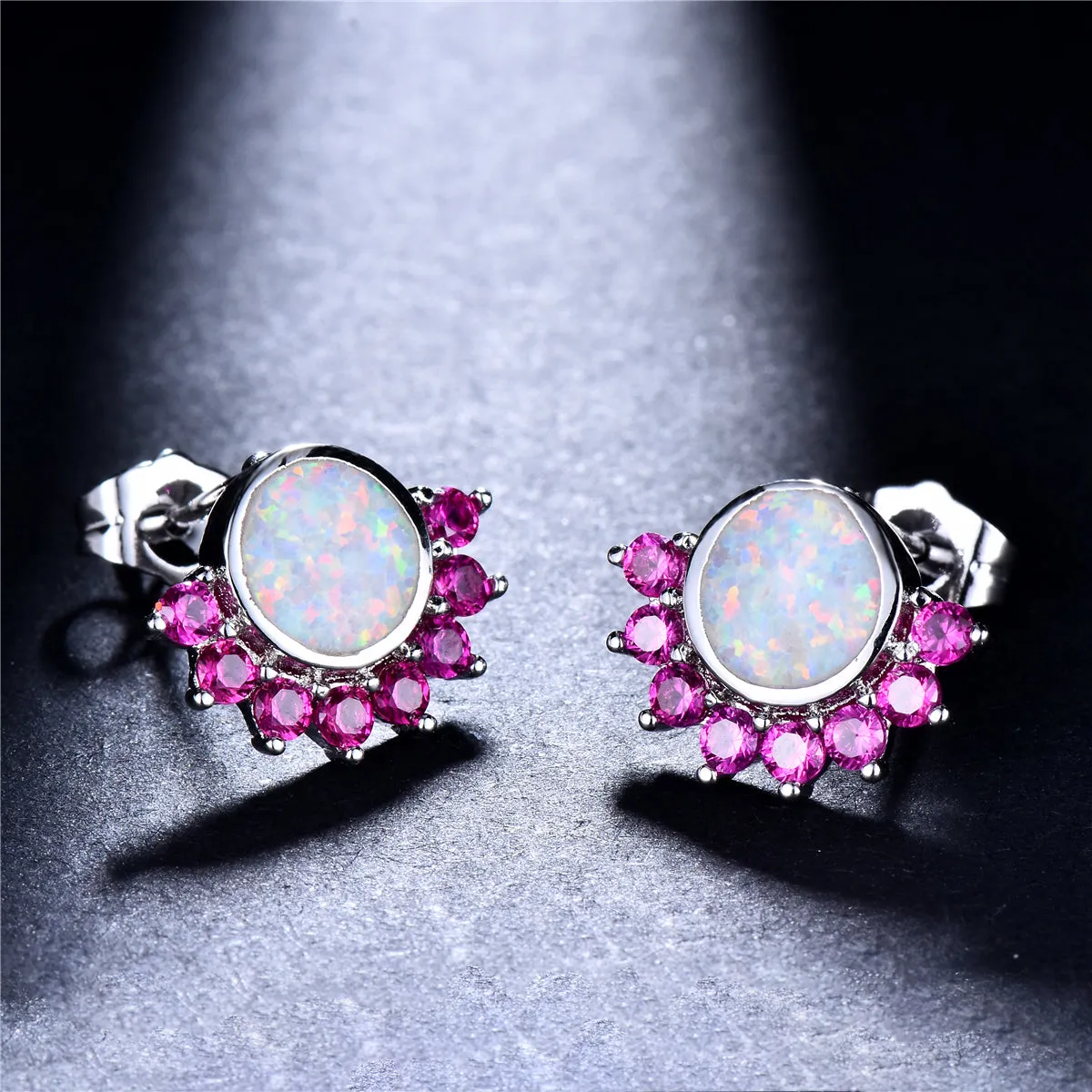 Opal & Rose Cubic Zirconia Round Trim Stud Earrings