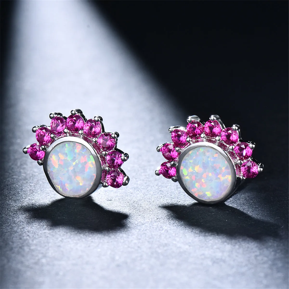 Opal & Rose Cubic Zirconia Round Trim Stud Earrings