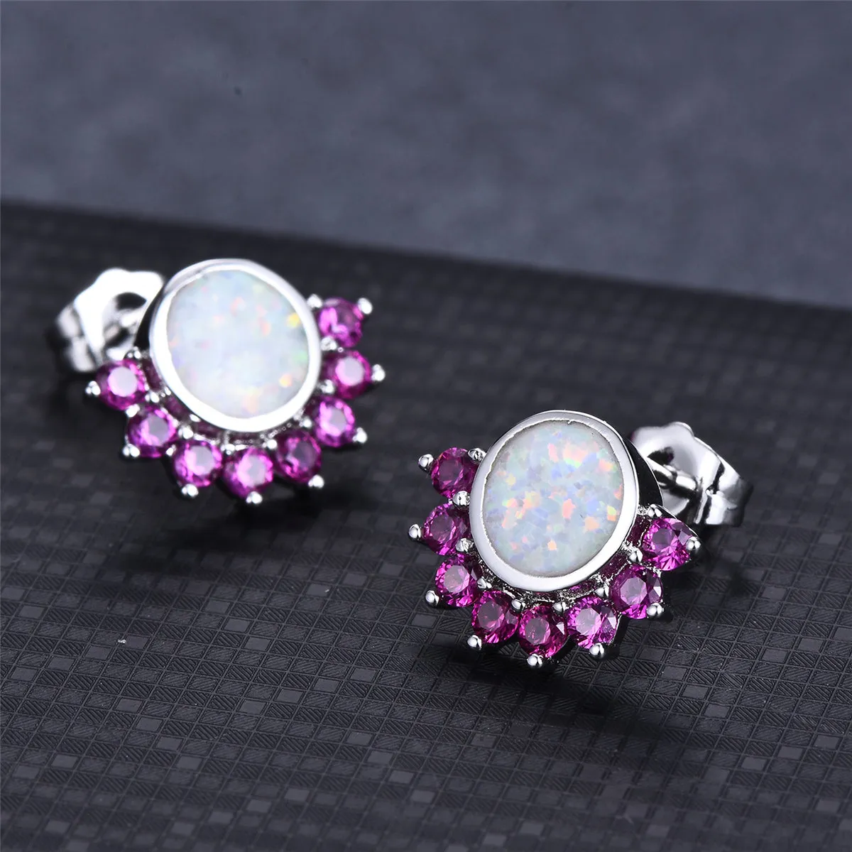 Opal & Rose Cubic Zirconia Round Trim Stud Earrings