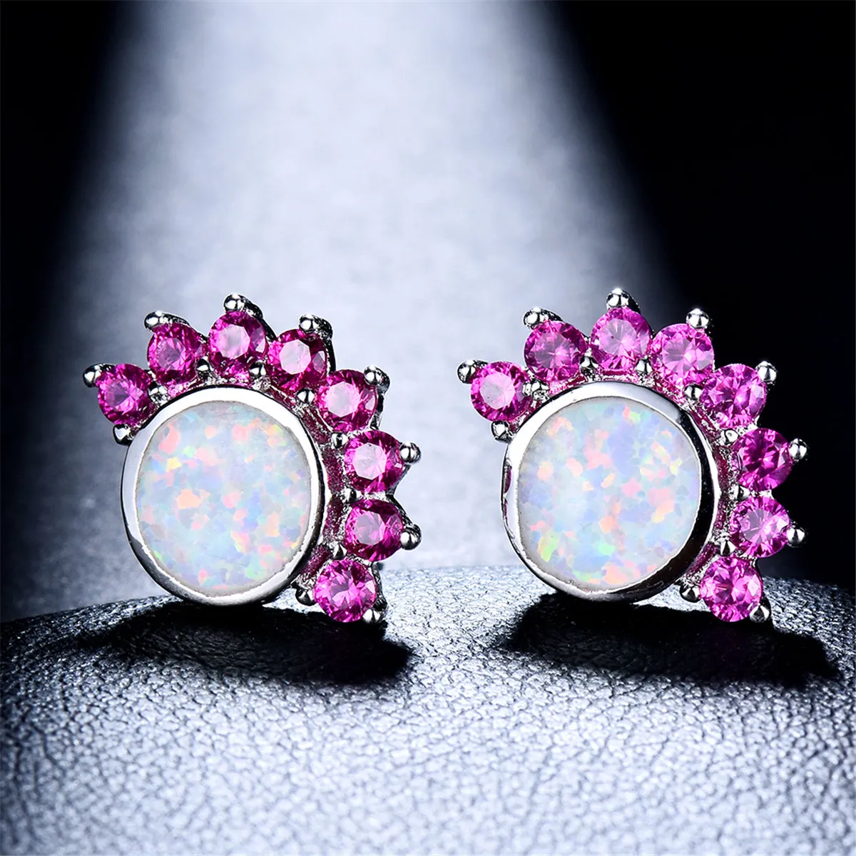 Opal & Rose Cubic Zirconia Round Trim Stud Earrings