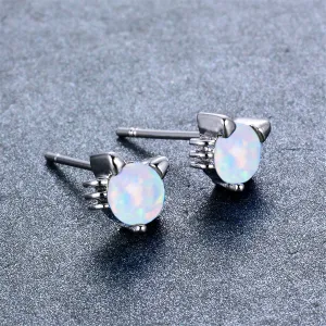 Opal & Silver-Plated Kitty Stud Earrings