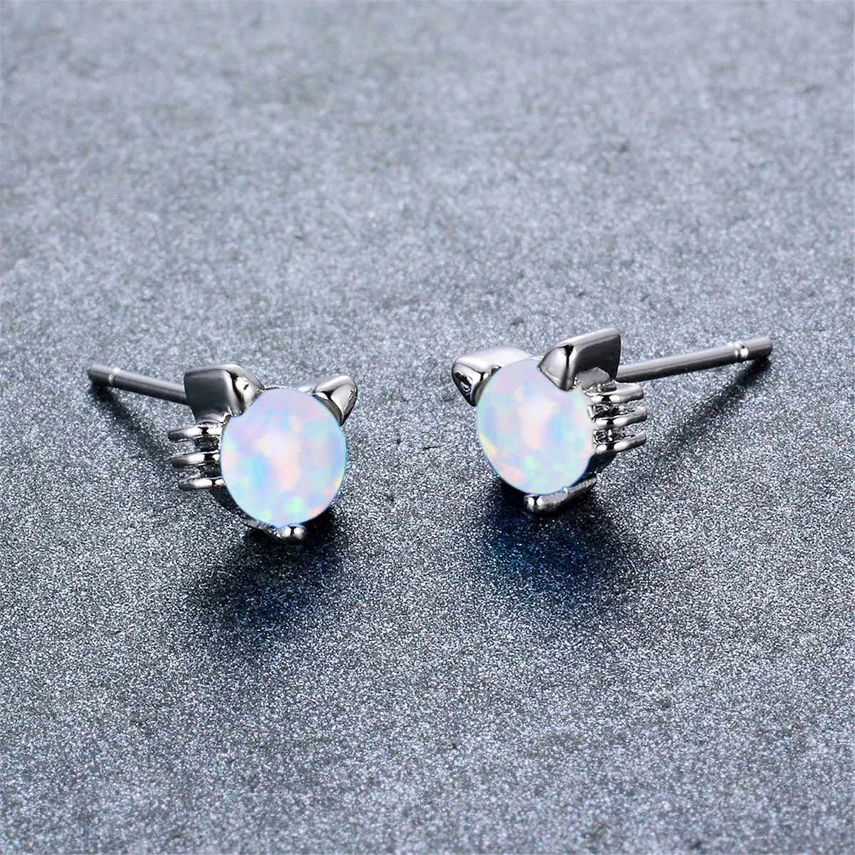 Opal & Silver-Plated Kitty Stud Earrings