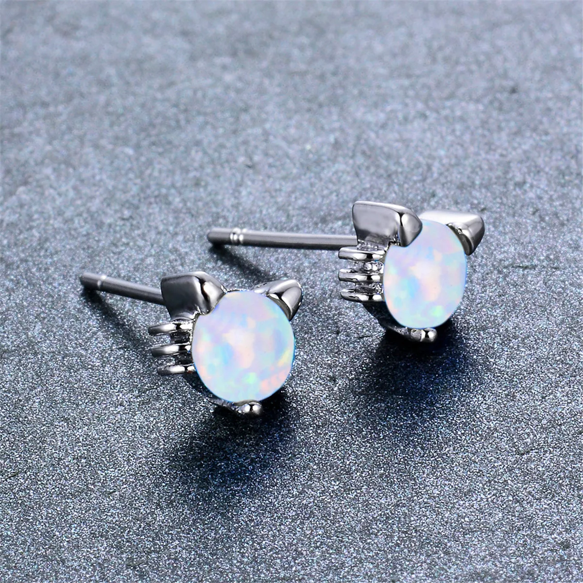 Opal & Silver-Plated Kitty Stud Earrings