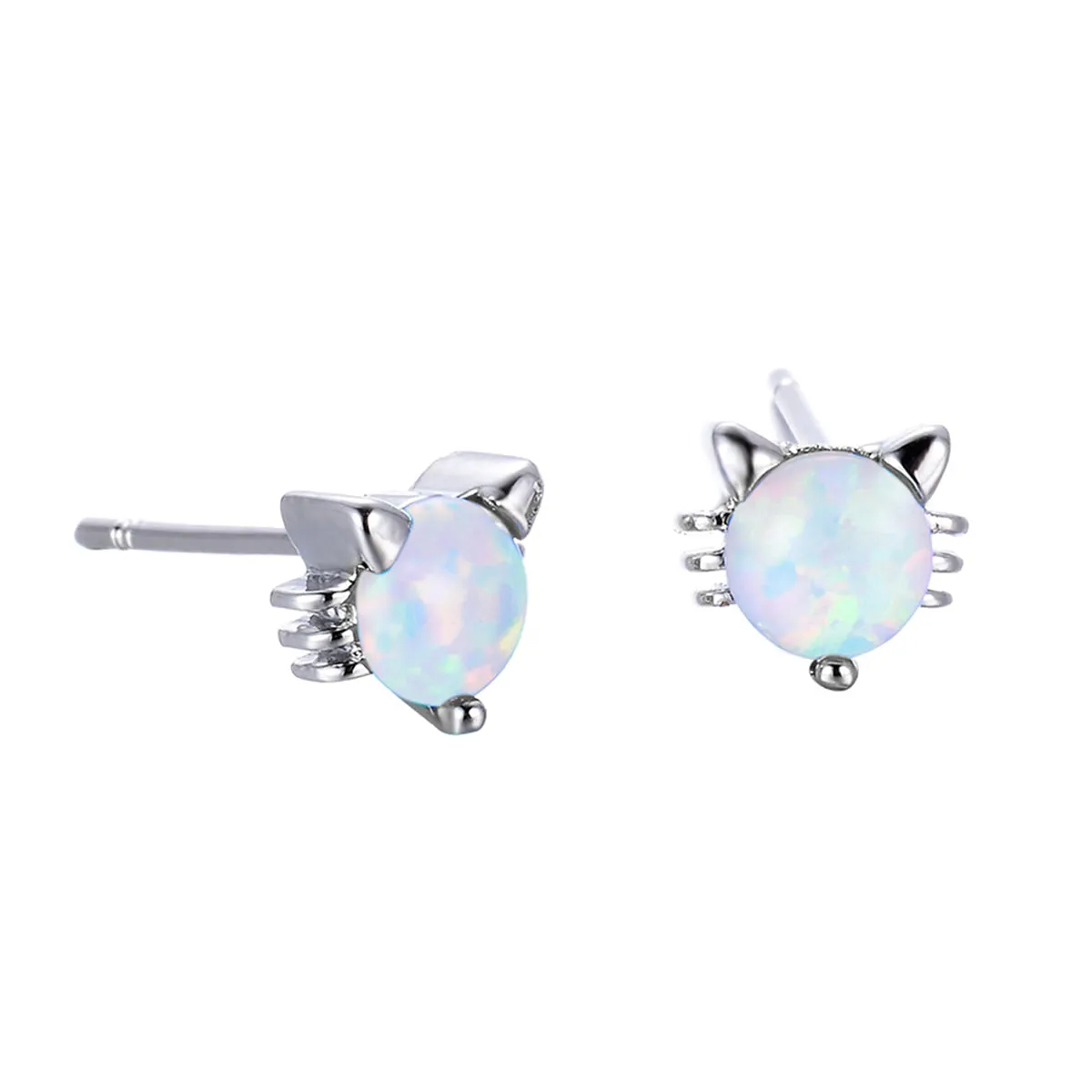 Opal & Silver-Plated Kitty Stud Earrings