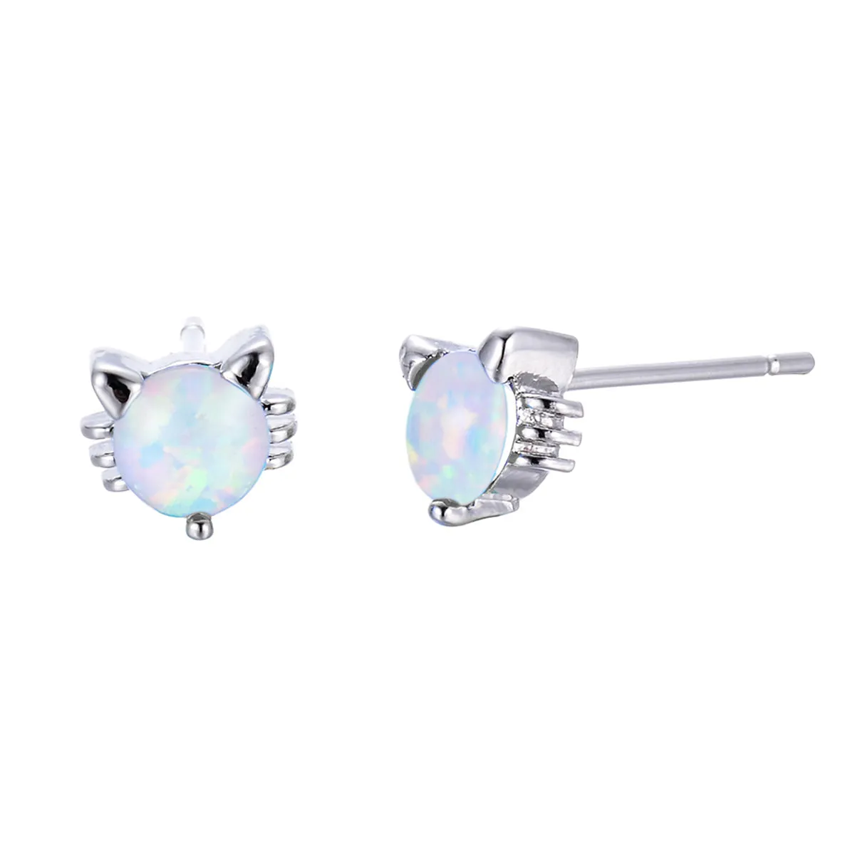 Opal & Silver-Plated Kitty Stud Earrings