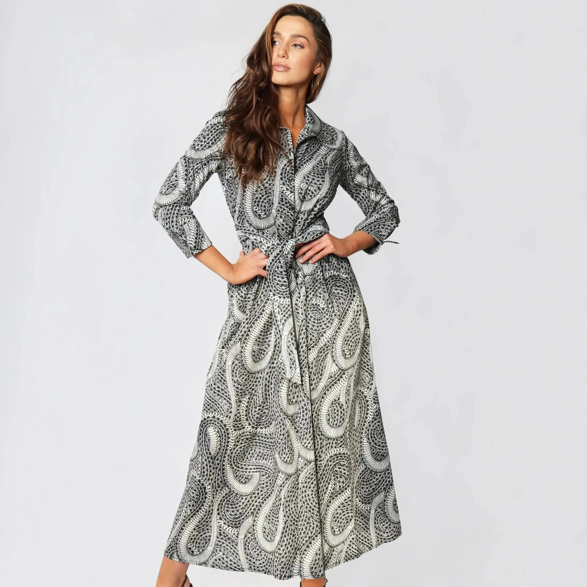 Paisley Print Italian Belted Button-Down Women's Maxi Dress