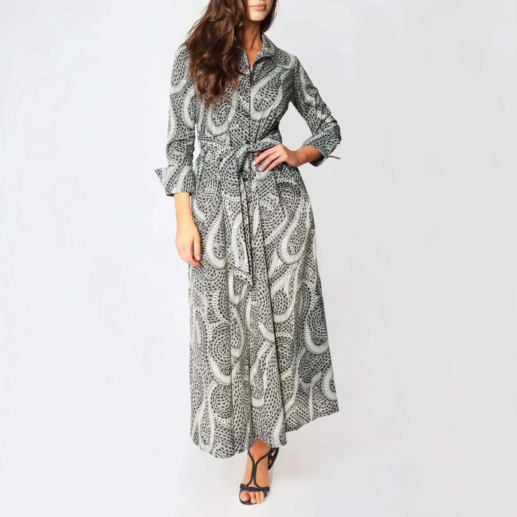 Paisley Print Italian Belted Button-Down Women's Maxi Dress