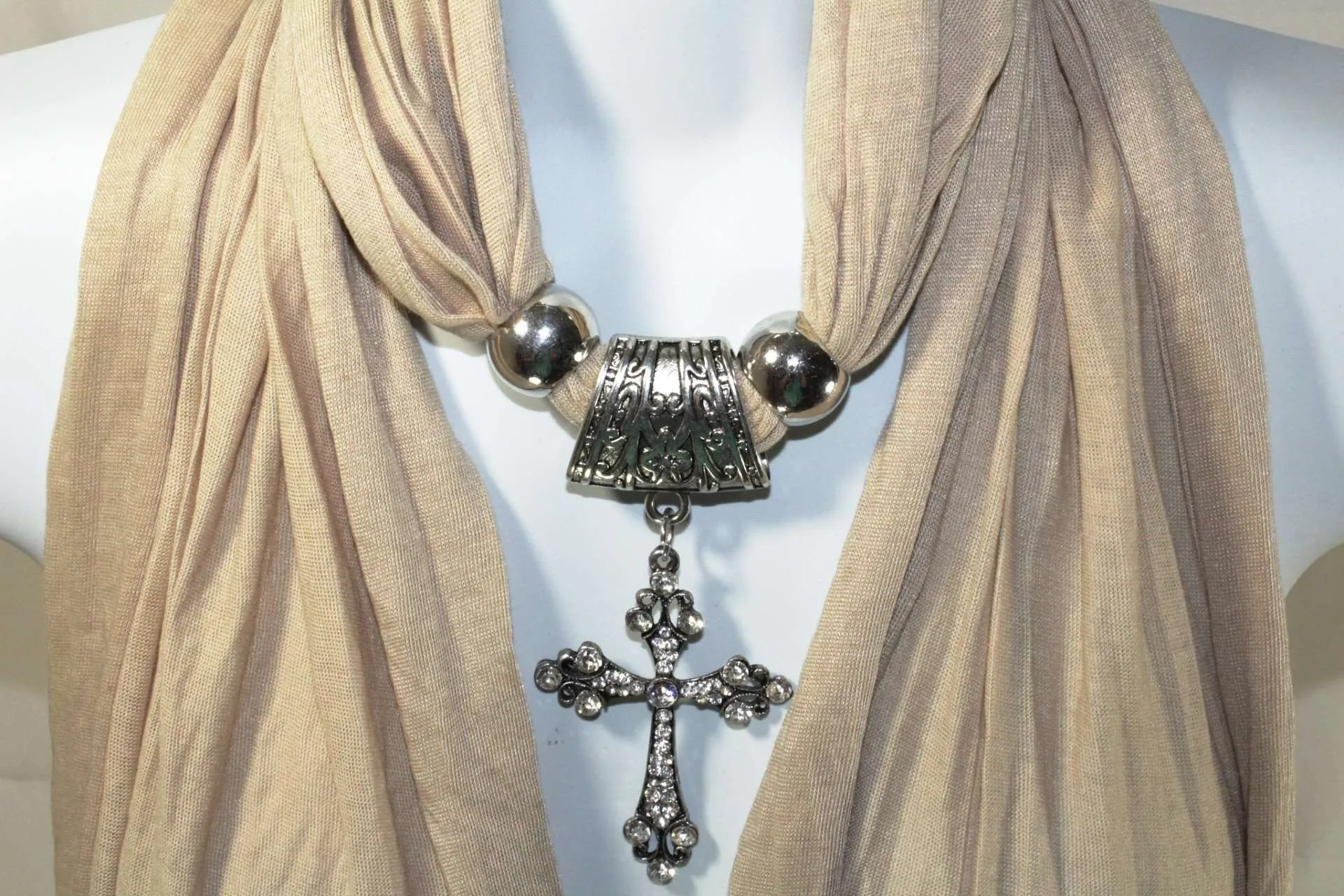 Pastel Brown Cross Pendant Scarf