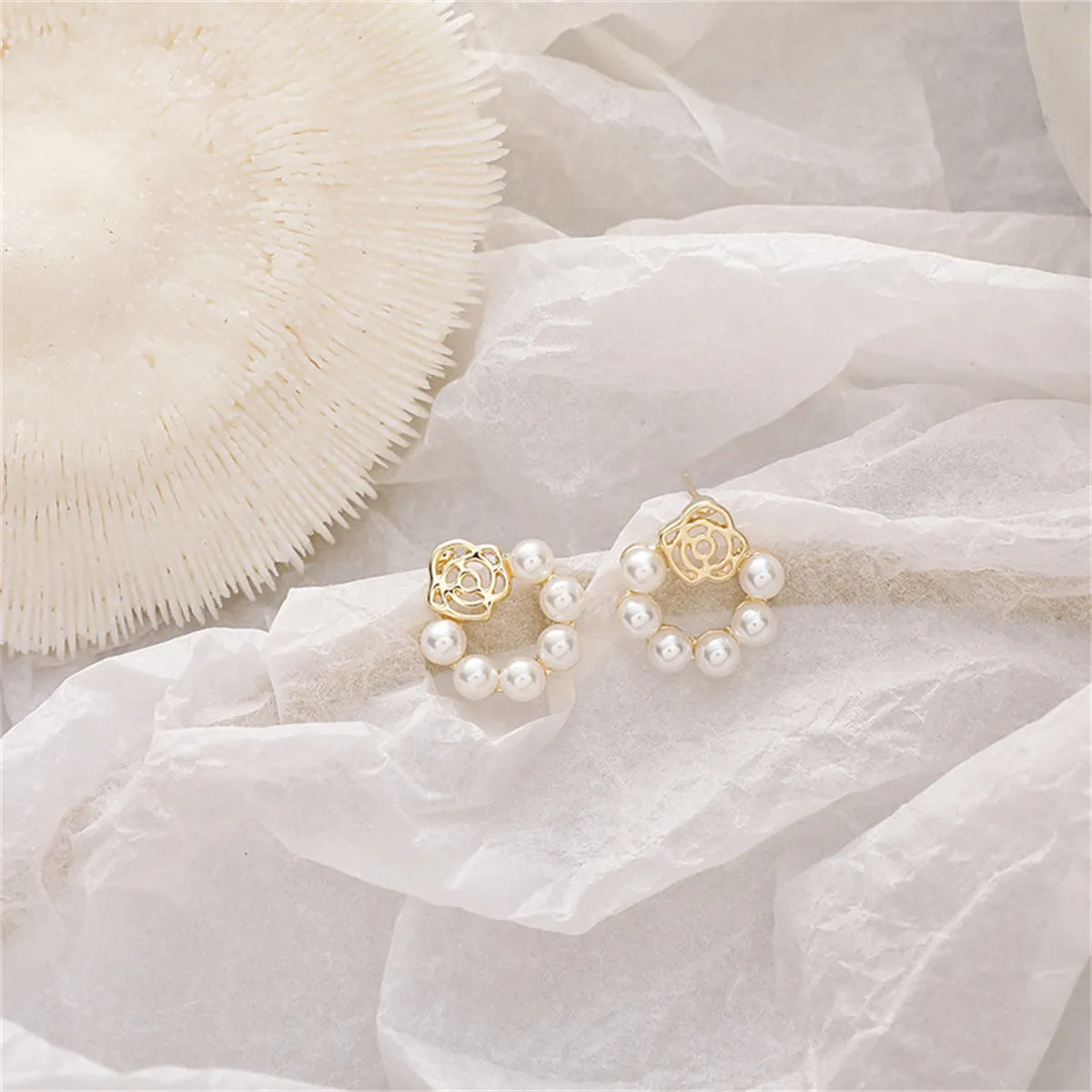 Pearl & 18K Gold-Plated Lotus Wreath Stud Earrings
