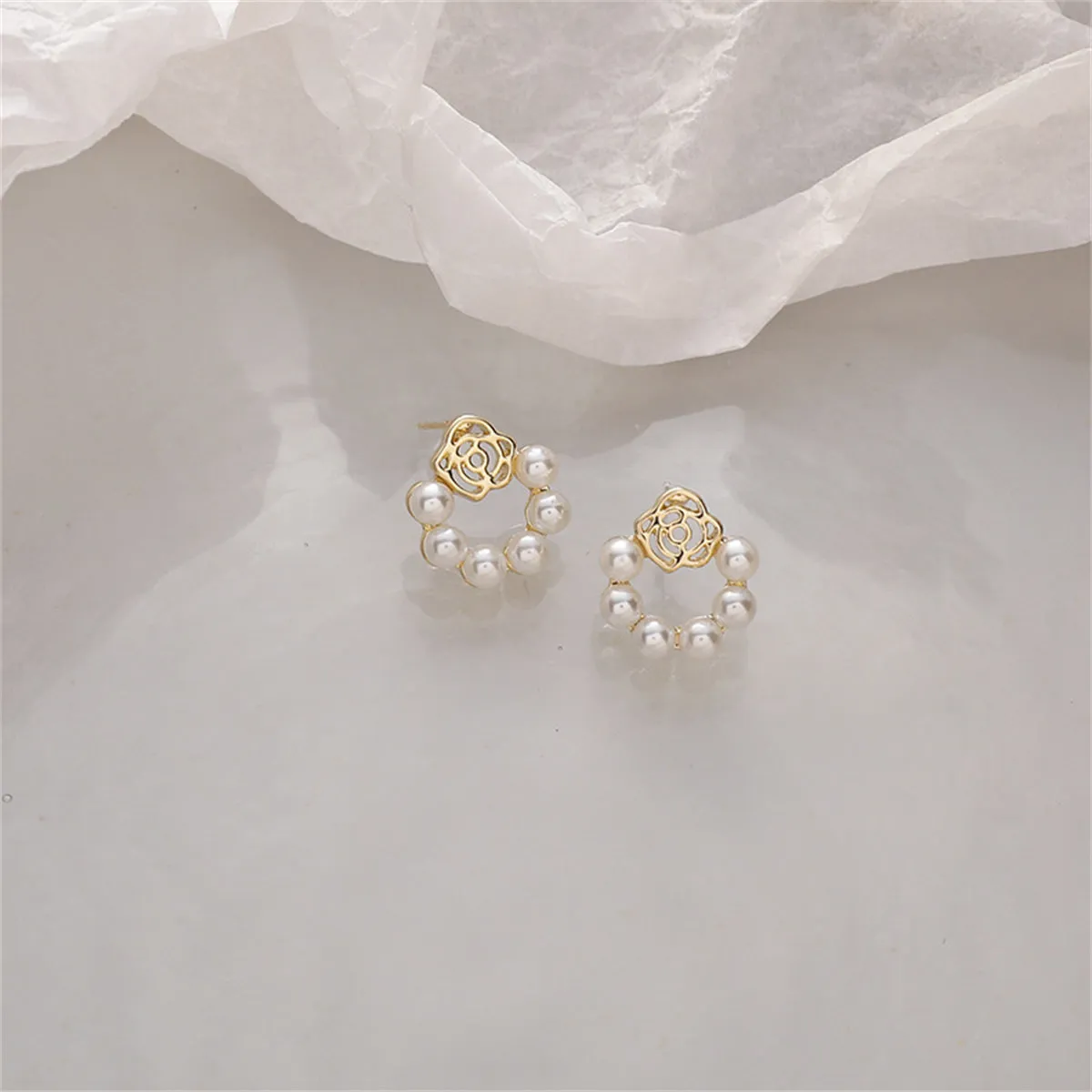 Pearl & 18K Gold-Plated Lotus Wreath Stud Earrings
