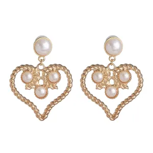 Pearl & 18K Gold-Plated Openwork Heart Drop Earrings