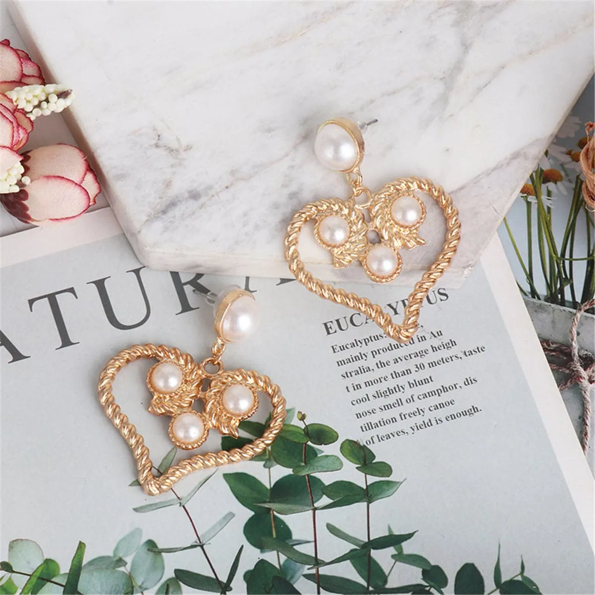 Pearl & 18K Gold-Plated Openwork Heart Drop Earrings
