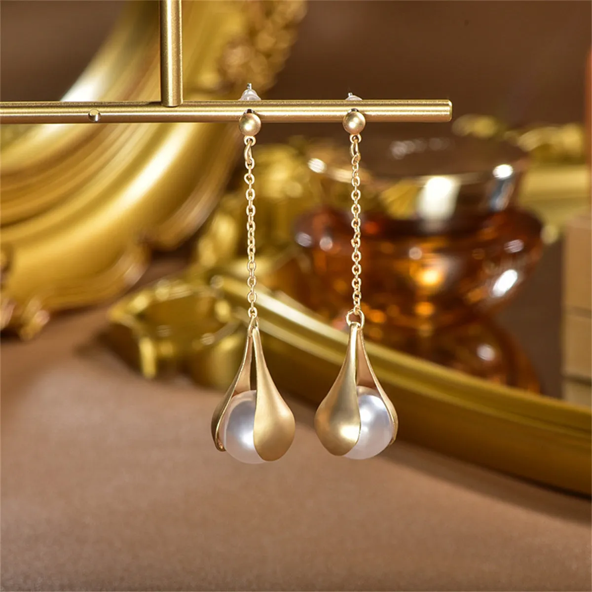 Pearl & 18K Gold-Plated Semi-Bezel Drop Earrings